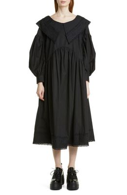 Simone Rocha Open Neck Embroidered Trim Long Sleeve Cotton Poplin Midi Dress in Black/Black