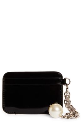 Simone Rocha Patent Leather Card Case with Imitation Pearl Charm in Black/Pearl