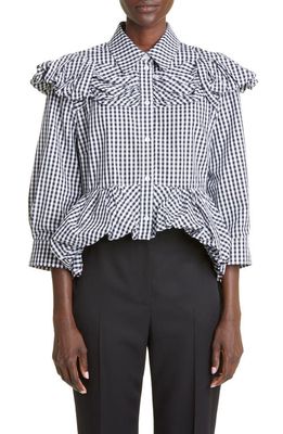 Simone Rocha Peplum Gingham Cotton Button-Up Shirt in Black/White