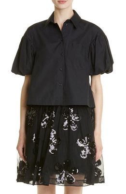 Simone Rocha Puff Sleeve Cotton Crop Button-Up Shirt in Black/Pearl