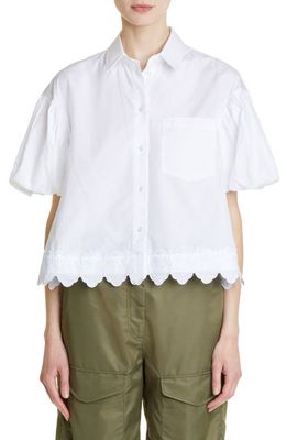 Simone Rocha Puff Sleeve Crop Button-Up Shirt in White/White