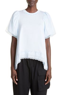 Simone Rocha Puff Sleeve Embellished High-Low Cotton Top in Baby Blue/Light Blue