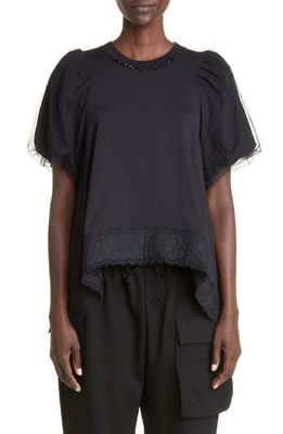 Simone Rocha Puff Sleeve Embellished High-Low Cotton Top in Black/Jet