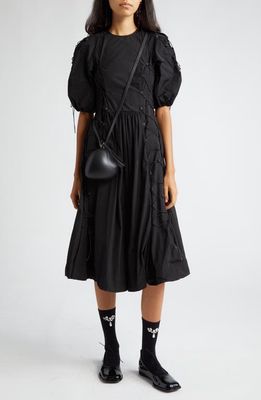 Simone Rocha Puff Sleeve Lace-Up Cotton Midi Dress in Black