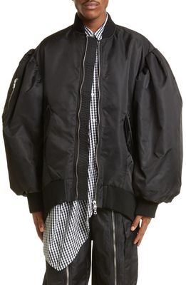 Simone Rocha Puff Sleeve Oversize Satin Bomber Jacket in Black/Pearl
