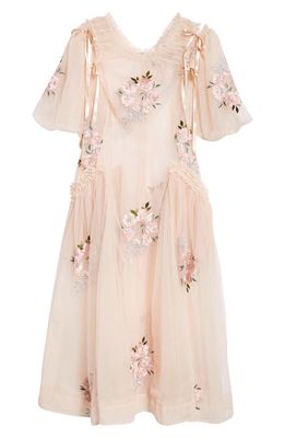 Simone Rocha Puff Sleeve Ruched Bite Embroidered Tulle Midi Dress in Beige