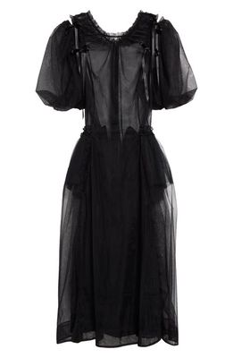 Simone Rocha Puff Sleeve Ruched Bite Tulle Midi Dress in Black