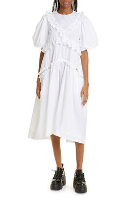 Simone Rocha Puff Sleeve Ruffle Trim Midi Dress in White