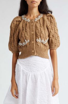 Simone Rocha Rhinestone & Imitation Pearl Detail Alpaca Blend Sweater in Camel/Pearl/Clear
