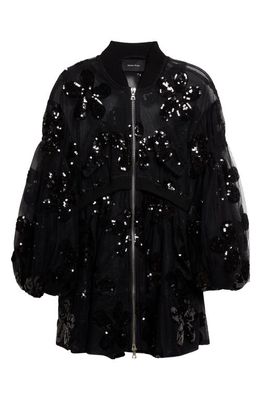 Simone Rocha Sequin Daisy Puff Sleeve Sheer Tulle Bomber Jacket in Black/Black