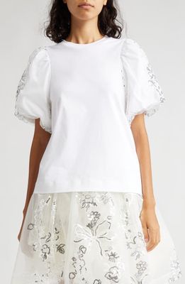 Simone Rocha Sequin Tulle Puff Sleeve A-Line Top in White