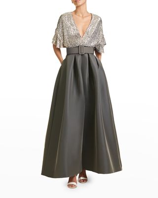 Simone Sequin Gown w/ Pleated Skirt