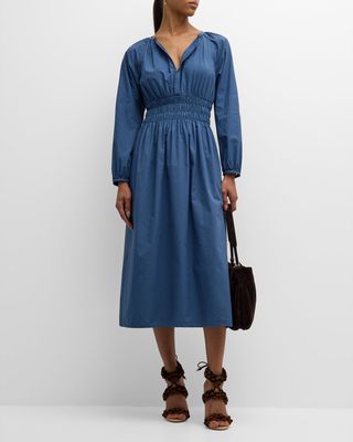 Simone Smocked Blouson-Sleeve Midi Dress