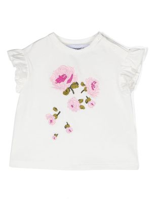 Simonetta floral-appliqué ruffled T-shirt - White
