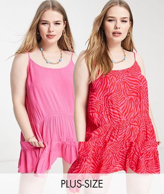 Simply Be 2 pack beach dresses in pink zebra print and red-Multi