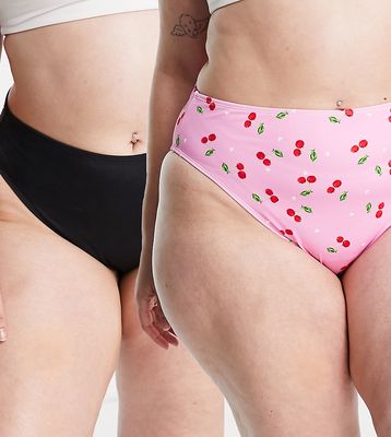 Simply Be 2 pack bikini bottoms in pink cherry print and black-Multi