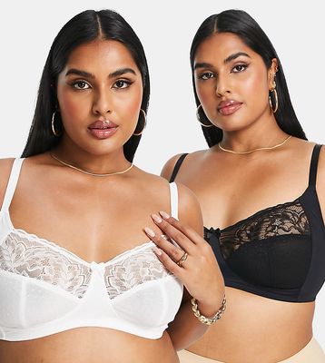 Simply Be 2 pack mesh and lace non wired bras in black and white-Multi