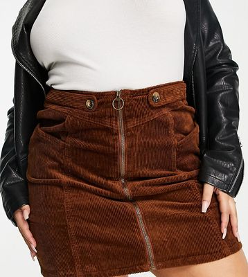 Simply Be cord zip front mini skirt in brown-Black