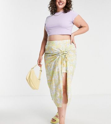 Simply Be linen wrap midi skirt in yellow floral-Multi