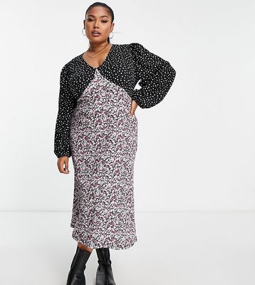 Simply Be mixed print puff sleeve midi dress in black floral