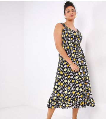 Simply Be shirred midi dress with ruffle straps in retro floral-Multi