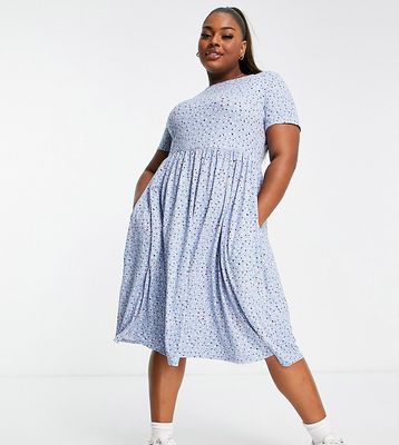 Simply Be smock midi dress with pockets in blue ditsy floral
