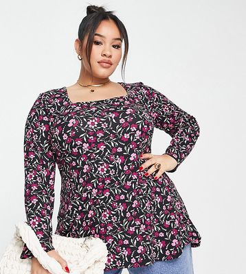 Simply Be square neck long sleeve peplum top in black floral-Multi