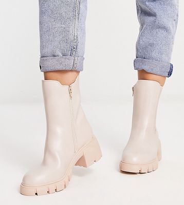 Simply Be Wide Fit cleated block heeled chelsea boot in stone-Neutral
