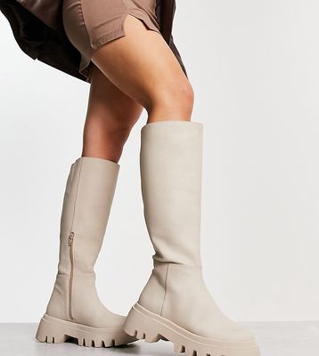 Simply Be Wide Fit knee flat boot with cleated sole in stone-Neutral