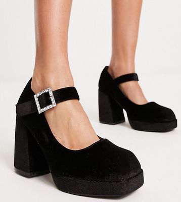 Simply Be Wide Fit platform mary jane heeled shoes in black with pearl buckle detail