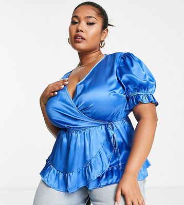 Simply Be Wrap Front Satin Top In Blue