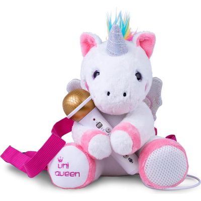 Singing Machine Plush Unicorn Toy with Sing Along Microphone in White And Pink 