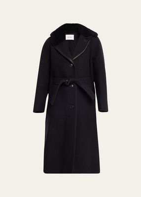 Single-Breasted Wool Felt Coat with Fluffy Lambswool Collar