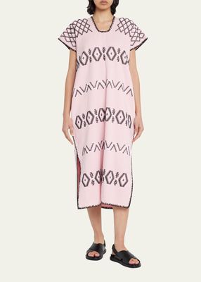 Single-Panel Midi Kaftan In Pale Pink With Black and White Design