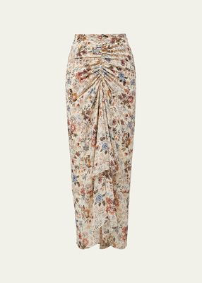 Sira Ruched Floral Silk Midi Skirt