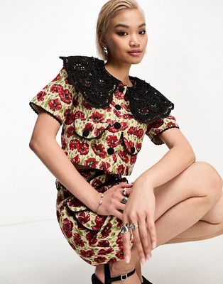 Sister Jane contrast lace collar top in poppy print - part of a set-Red