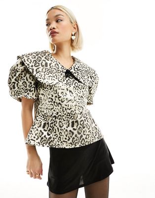 Sister Jane Fame leopard top with oversized collar in metallic leopard print-Brown