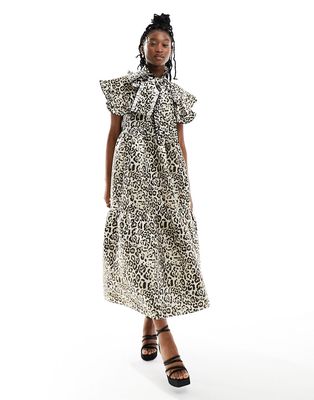 Sister Jane Fame tiered midi dress in metallic leopard print-Brown