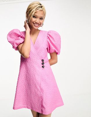 Sister Jane flower embellished puff sleeve wrap mini dress in pink