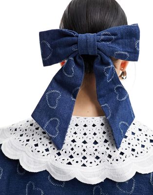 Sister Jane heart embellished hair bow clip in denim - part of a set-Blue