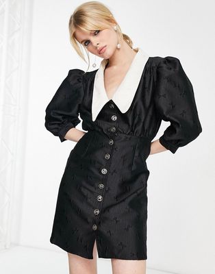 Sister Jane mini button up dress with contrast collar in black bow jacquard