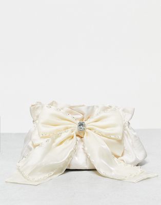 Sister Jane mini grab bag with beaded bow in ivory satin-White