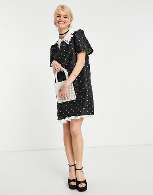 Sister Jane mini shift dress in ditsy floral jacquard with lace collar-Black