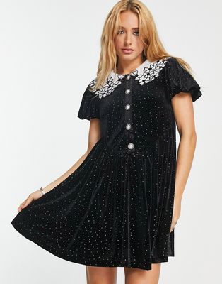 Sister Jane mini tea dress with embroidered collar in black velvet with sparkles