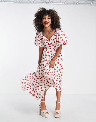 Sister Jane puff sleeve maxi dress with sweetheart neckline in heart print-Red