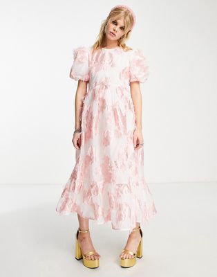 Sister Jane puff sleeve midi smock dress in pink jacquard