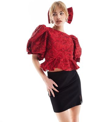 Sister Jane Tate Rose jacquard top with back heart detail in cherry red