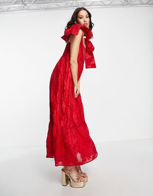 Sister Jane tiered maxi dress in red jacquard with bow straps