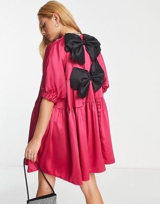 Sister Jane tiered satin mini smock dress in hot pink with contrast bows