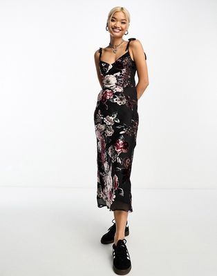 Sisters of the Tribe floral print cup detail burnout velvet maxi dress in black
